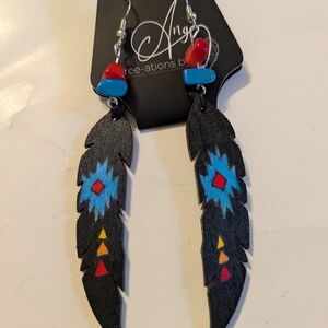 Hand Painted Native Fire Color Feather Earrings